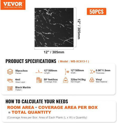 Vevor Set Plastic Floor with 50 Tiles 1.5mm L30.48cmxW30.48cm Black