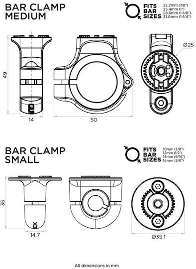 Quad Lock Base-Bar Clamp Small Clamp for Motorcycle Mobile Mount