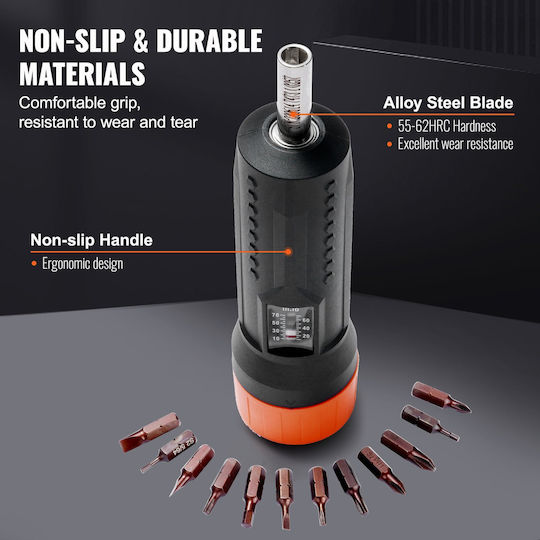 Torque Screwdriver Adjustable Torque 1.13-7.91 Nm 1/4" Chrome Vanadium 12 Bits