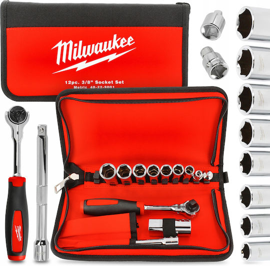 Milwaukee 12-piece Socket Set 3/8 Inch Drive Long Hexagonal Profile Fabric Case