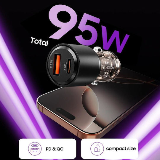 Tech-Protect Cc03 Φορτιστής Αυτοκινήτου με Θύρες: 1xUSB 1xType-C Μαύρο Χρώμα
