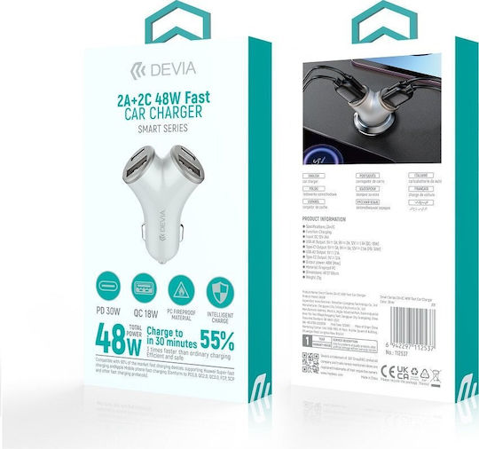 Devia Devia Handy-Autoladegerät 48W mit 2xUSB-A 2xType-C Silber Farbe