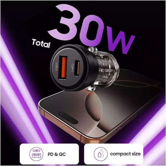 Tech-Protect Cc03 Φορτιστής Αυτοκινήτου 30W με Θύρες: 1xUSB 1xType-C Μαύρο Χρώμα