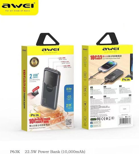 Awei P63K Power Bank 10000mAh 22.5W with 2 USB-A Ports and USB-C Port Black