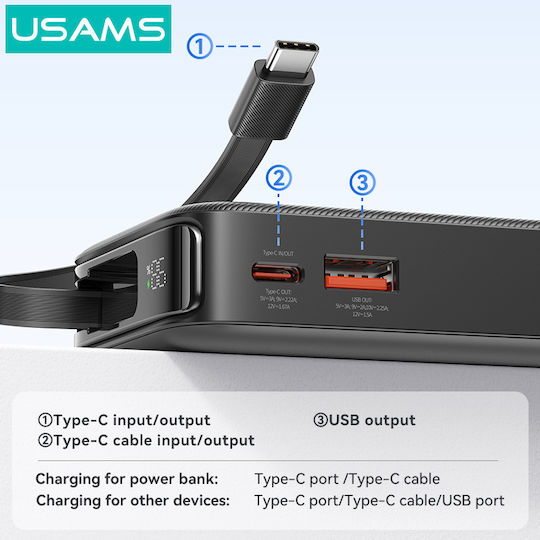 Usams CD224 Power Bank 10000mAh 20W με Θύρα USB-A και Θύρα USB-C Power Delivery Μαύρο