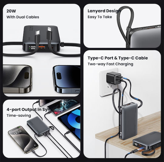 Usams XR Series CD228 Външна Батерия 10000mAh 20W с USB-A Изходен Порт и USB-C Изходен Порт Power Delivery / Бързо Зареждане Сива