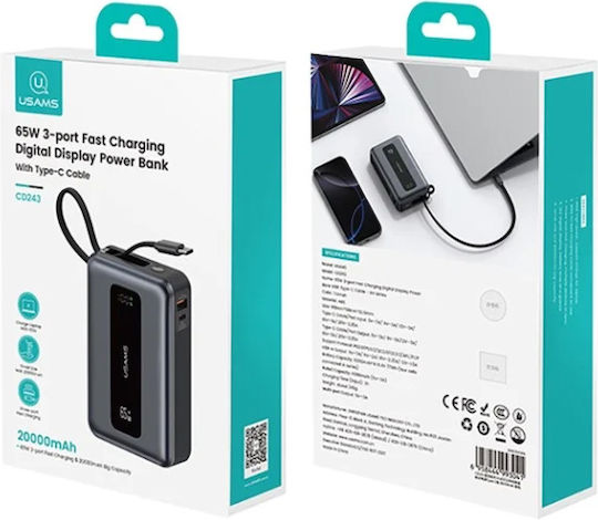 Usams XH Series CD243 Power Bank 20000mAh 65W με Θύρα USB-A και Θύρα USB-C Tarnish