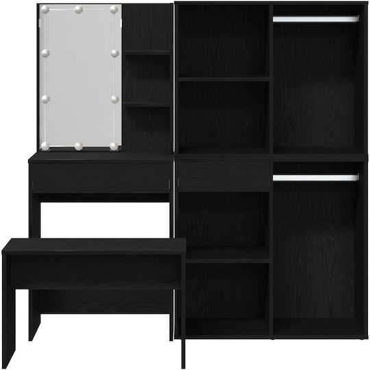 Masută De Toaletă De Podea Din Lemn Negru Stejar Cu Oglindă Și Taburet 60x40x140cm