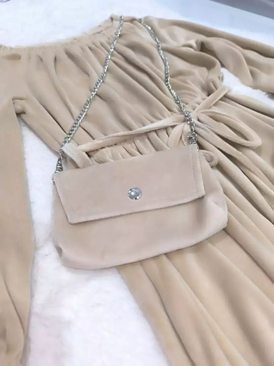 Mädchenkleid Langärmelig Samt Set aus 2 mit Zubehör Creme-Beige