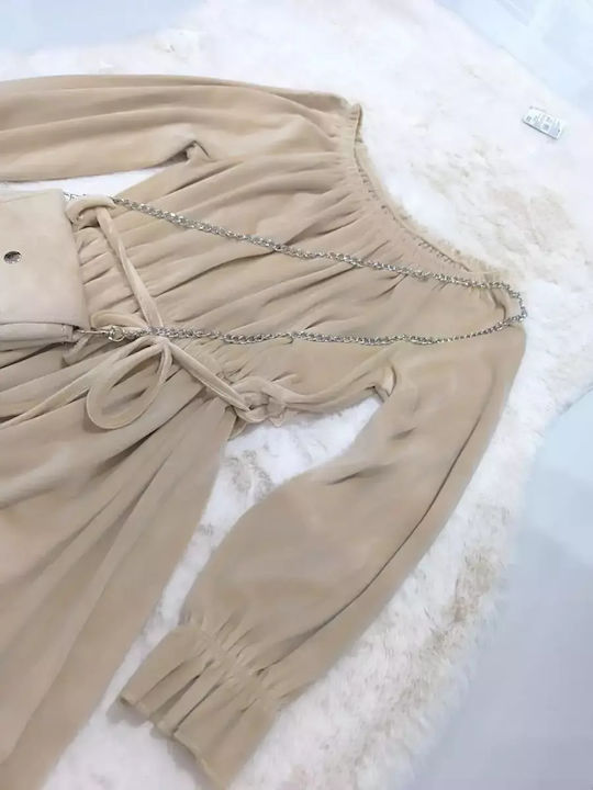 Mädchenkleid Langärmelig Samt Set aus 2 mit Zubehör Creme-Beige