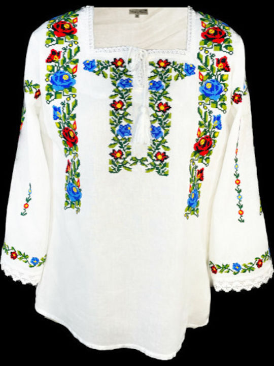 Bluze Damă Bumbac Mânecă Lungă Alb Verde