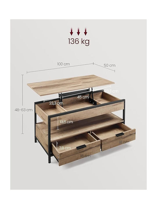 Rectangular Central Wooden Coffee Table with Lifting Mechanism and Drawers Brown 100x50x48cm