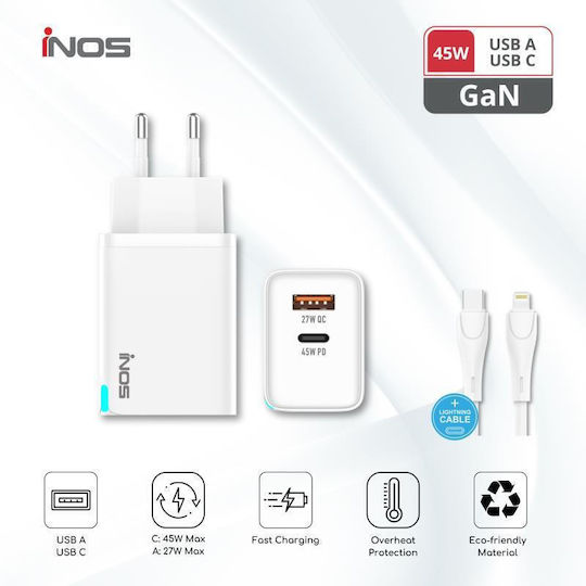 iNOS Charger GaN with USB-A Port and USB-C Port and Cable USB-C - Lightning 45W Power Delivery / Quick Charge 3.0 Whites