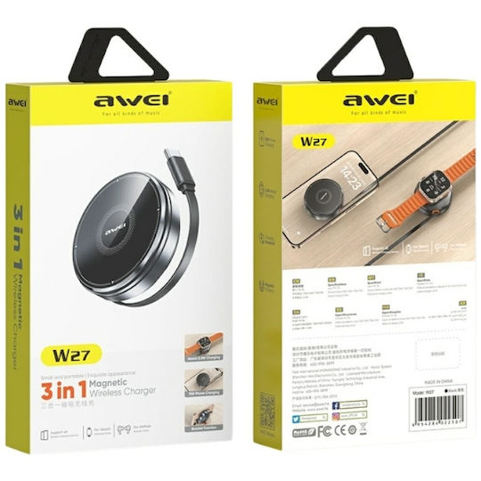 Awei Încărcător Wireless (Qi Pad) și Cablu USB-C 15W Negruς (W27)
