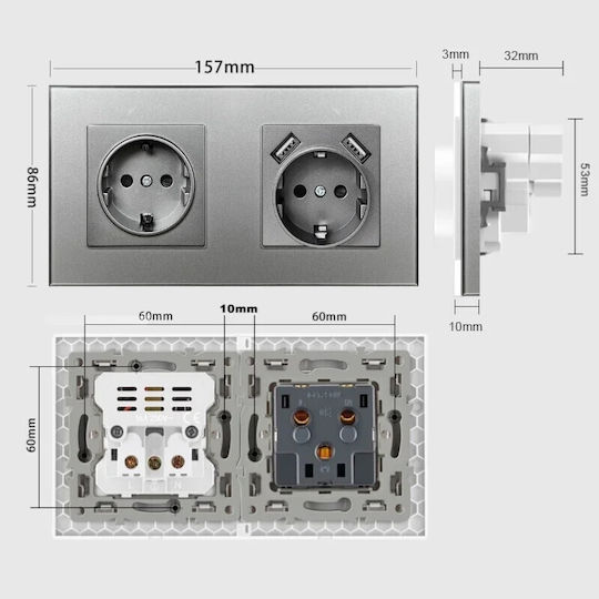 Двойна Мортис Електрически Контакт с 2 USB Порта Сребрист