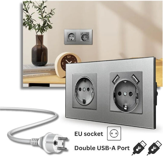 Двойна Мортис Електрически Контакт с 2 USB Порта Сребрист
