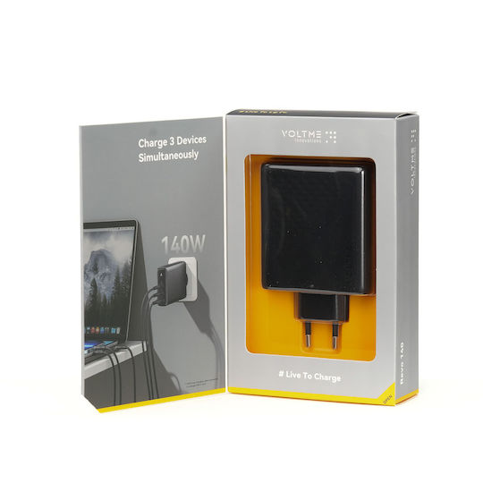 Voltme Φορτιστής Χωρίς Καλώδιο GaN με Θύρα USB-A και 2 Θύρες USB-C 140W Power Delivery Μαύρος (Revo)