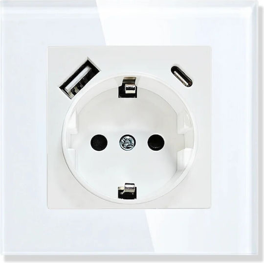 Μονή Χωνευτή Πρίζα Ρεύματος με 2 Θύρες USB Λευκή