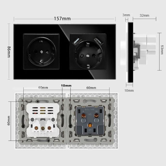 Двойна Мортис Електрически Контакт с 2 USB Порта Черен