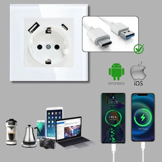 Μονή Χωνευτή Πρίζα Ρεύματος με 2 Θύρες USB Λευκή