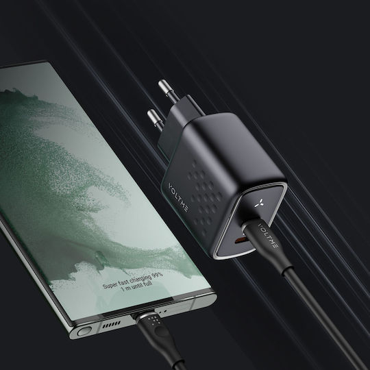Voltme Φορτιστής Χωρίς Καλώδιο GaN με 2 Θύρες USB-C 45W Power Delivery / Quick Charge 3.0 Μαύρος (Revo)