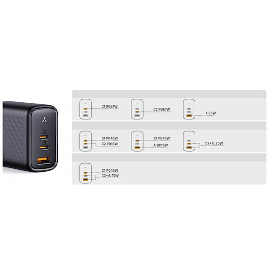 Voltme Φορτιστής Χωρίς Καλώδιο GaN με Θύρα USB-A και 2 Θύρες USB-C 67W Power Delivery / Quick Charge 3.0 Μαύρος (Revo)