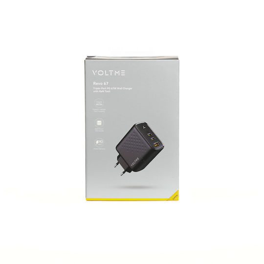 Voltme Φορτιστής Χωρίς Καλώδιο GaN με Θύρα USB-A και 2 Θύρες USB-C 67W Power Delivery / Quick Charge 3.0 Μαύρος (Revo)