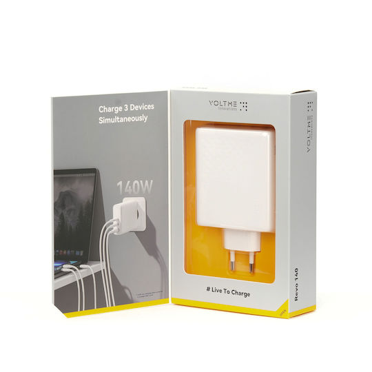 Voltme Charger Without Cable GaN with USB-A Port and 2 USB-C Ports 140W Power Delivery Whites (Revo)
