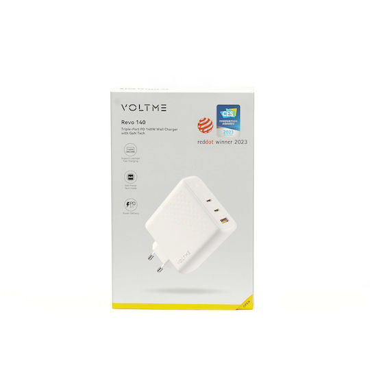 Voltme Charger Without Cable GaN with USB-A Port and 2 USB-C Ports 140W Power Delivery Whites (Revo)