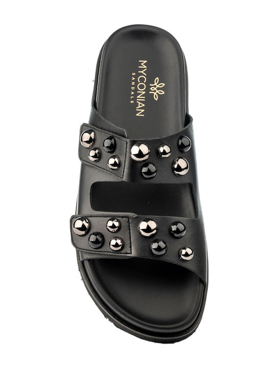 Leather Women's Flat Sandals in Black Color