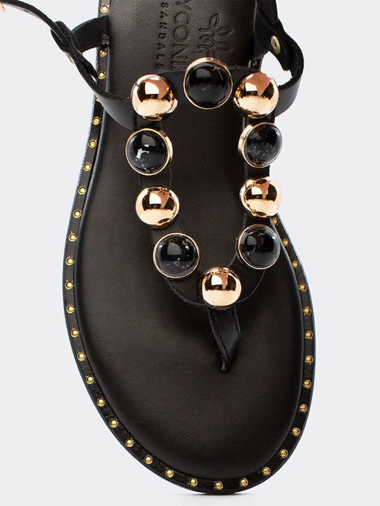 Leather Women's Flat Sandals in Black Color