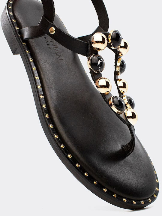Leather Women's Flat Sandals in Black Color
