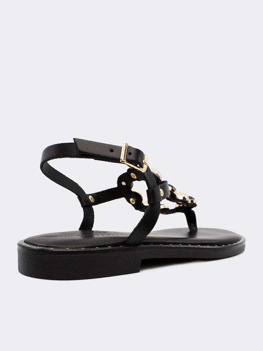 Leather Women's Flat Sandals in Black Color