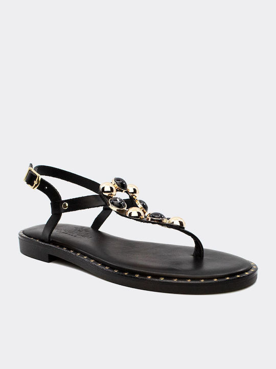 Leather Women's Flat Sandals in Black Color