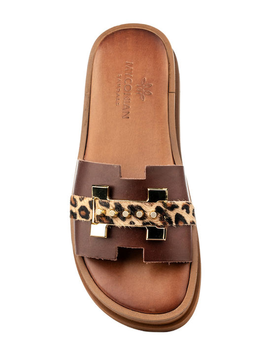 Leather Women's Flat Sandals Brown