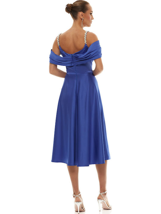 Summer Midi Evening Satin Dress Spaghetti Strap Blue