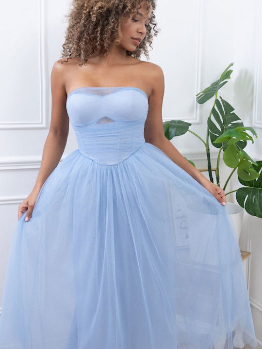 Summer Midi Dress for Wedding Christening Strapless with Tulle Light Blue