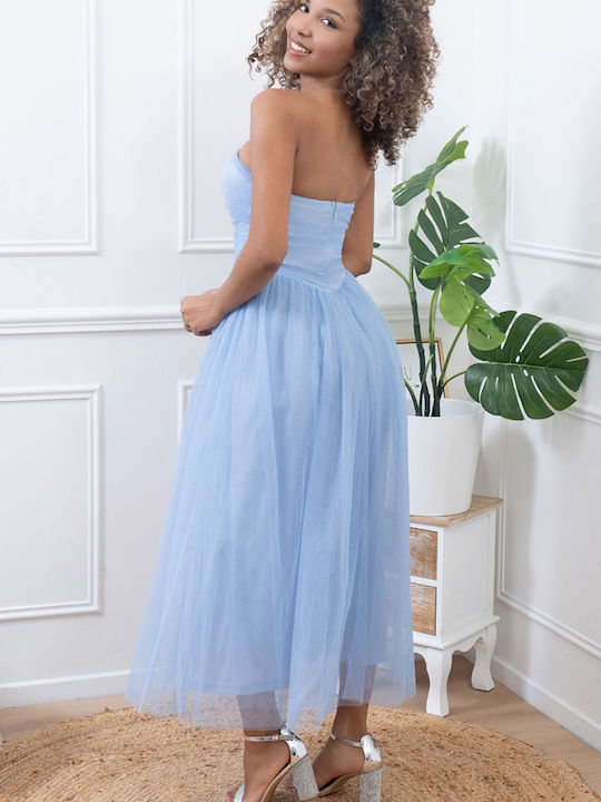 Summer Midi Dress for Wedding Christening Strapless with Tulle Light Blue