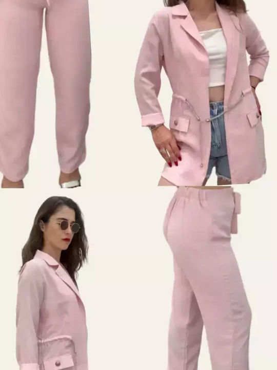 Women's Pink Set with High-waisted Pants with Elastic in Straight Line