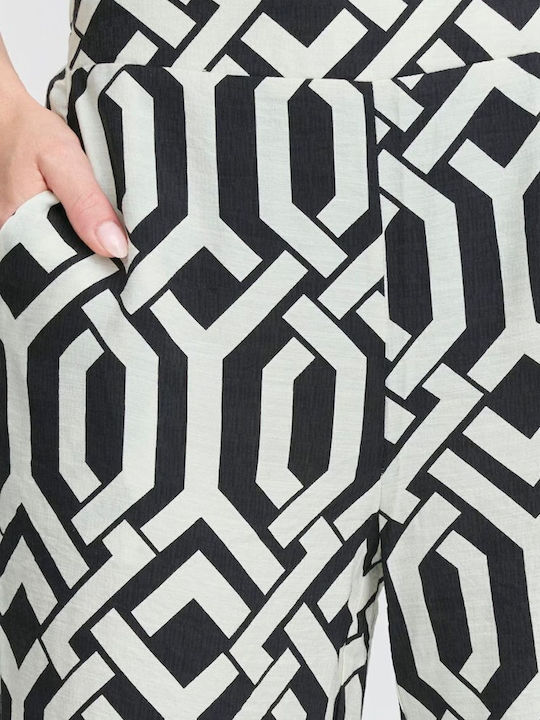 Women's Fabric Trousers with Elastic Loose Fit White, Black & White