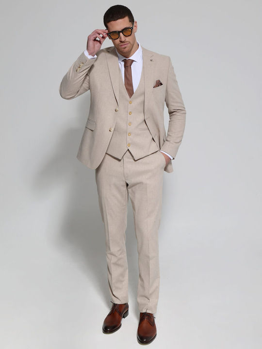Men's Summer Suit with Vest Beige