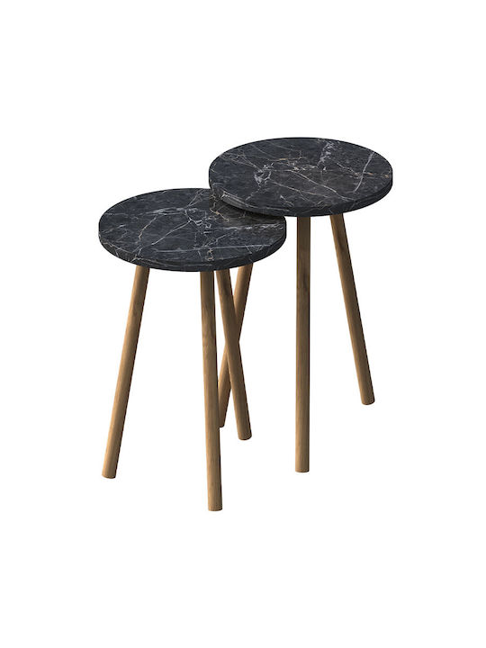 Rundes Beistelltisch Roma aus Massivholz Schwarzer Marmor-Effekt 2 Stück M34xB34xH46cm
