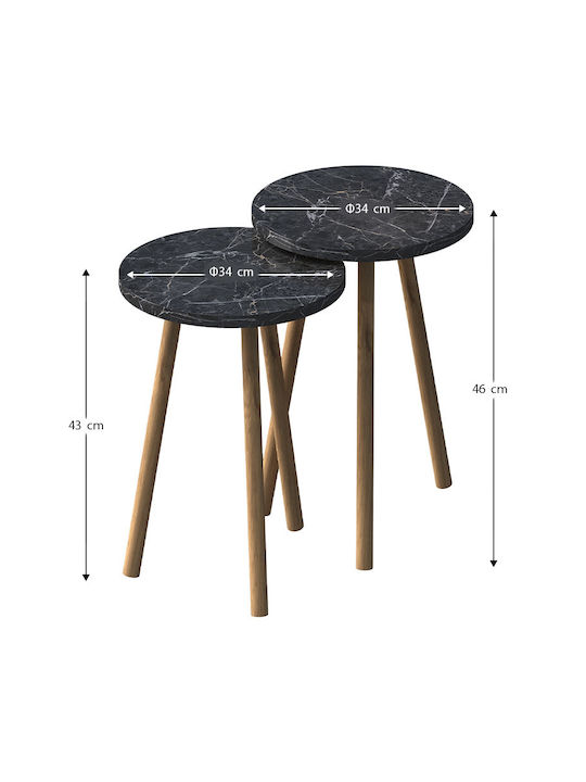 Rundes Beistelltisch Roma aus Massivholz Schwarzer Marmor-Effekt 2 Stück M34xB34xH46cm