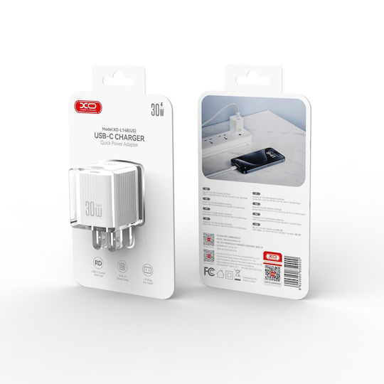 XO Φορτιστής Χωρίς Καλώδιο GaN με Θύρα USB-C 30W Power Delivery Λευκός (L148)