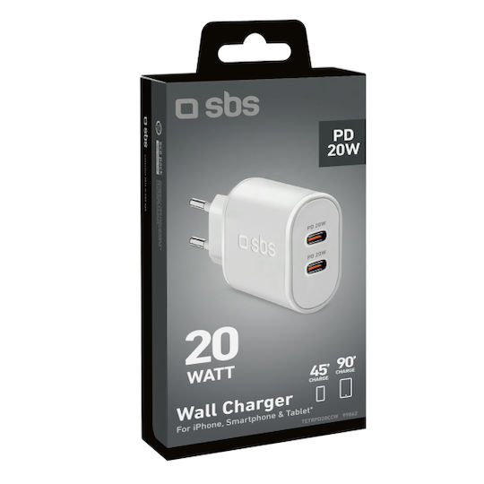 SBS Charger Without Cable with 2 USB-C Ports 20W Power Delivery Whites