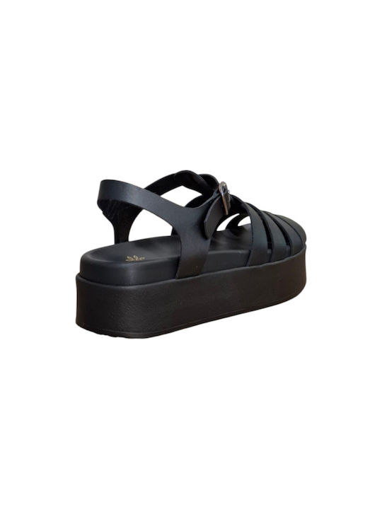 Leather Women's Flat Sandals Flatforms in Black Color