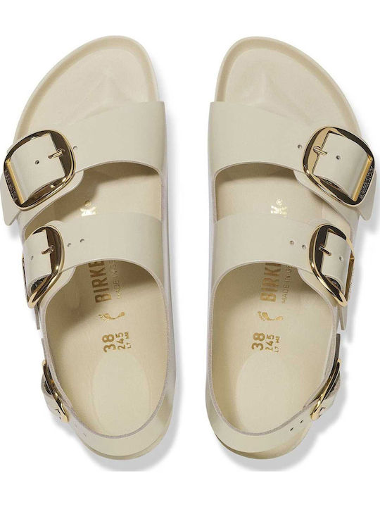 Milano Big Buckle Leather Women's Flat Sandals Anatomic with Strap in Ecru Color Narrow Fit
