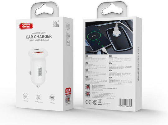 XO CC69 Mini Smart Car Charger 30W 2.75A Fast Charging with Ports: 1xUSB 1xType-C White Color