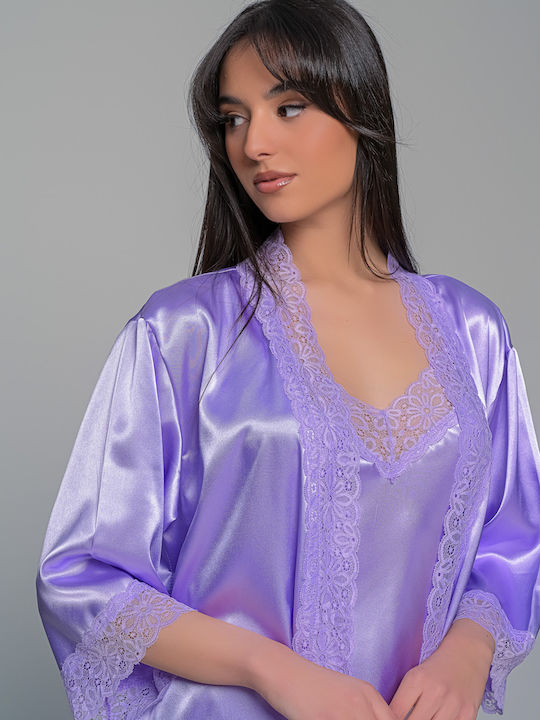 Milena by Paris Καλοκαιρινή Γυναικεία Σατέν Ρόμπα Λιλά