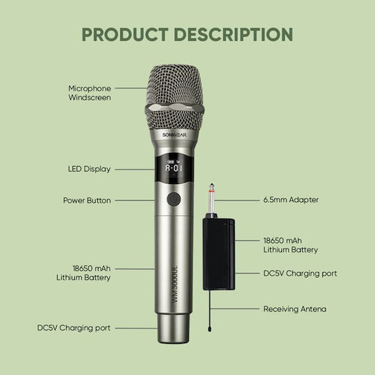 Sonic Gear WM 3000UL Ασύρματο Μικρόφωνο Χειρός για Φωνητικά σε Γκρι Χρώμα Obsidian